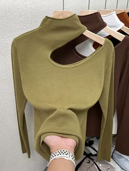 Есенно-зимния Моден Секси Кухи Топ с открити рамене, Дизайнерски Пуловер с висока воротом, Вязаная Долна Риза за Жени (M-3XL)