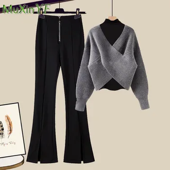 Жена есенно-зимния Нов Модерен Комплект от три елемента, корейската Елегантна Долна Риза + Вязаный пуловер Пуловер + Дънкови панталони, Костюми