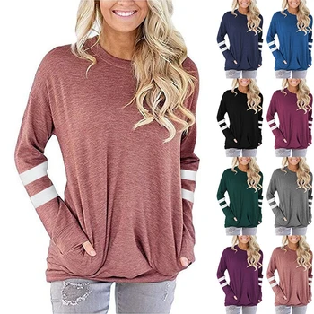Жена пуловер с джобове, нова контрастная цветна тениска с дълъг ръкав и кръгло деколте 