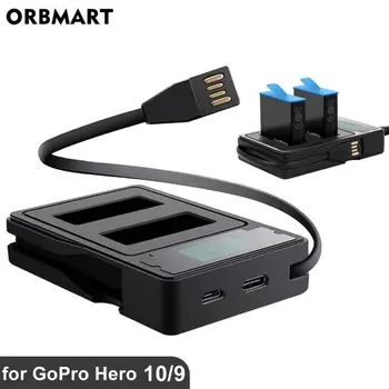За GoPro Hero 11 10 9 Черно Зарядно Устройство с две Пристанища с LCD дисплей Кабел за Go Pro 10 9 Gopro9 Hero9 аксесоари