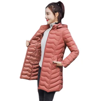 Зимно яке дамско черно розово XL-6XL размер плюс, леки фини пухени памучни палто 2020 г., есента корейската мода тънка парка с качулка