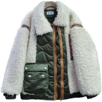 Имитация на овча вълна мозайка дамски палта зима 2021 нова дебела свободна стеганая яке ретро мода шик джоб с цип градинска облекло