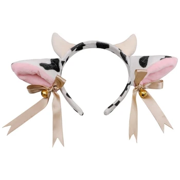 Карикатура плюшени крави ушите лента за глава с Рога звънци лък от лента за коса обръч аниме Лолита Kawaii животно cosplay костюм и прическа