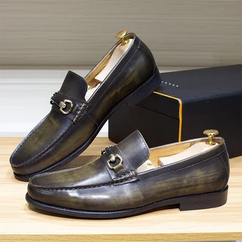 Класически Мъжки Лоферы От Естествена Кожа Ръчно изработени, с Метална Верига, Ежедневни Бизнес Модела Обувки, Модни Вечерни Сватбени Обувки за Мъже