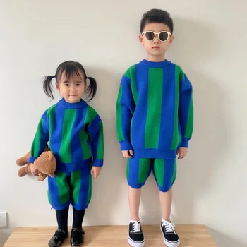 Корейската детски дрехи, дрехи за Есенния Нов пуловер Райе в Контрастен цвят за момичета и момчета, детски Вязаный костюм Братя и Сестри, едни и същи