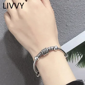 ЛИВВИ Тайландски Сребърен Цвят, Ретро Цилиндър Мъниста Регулируема Гривна Унисекс Бижута За Ръце Модни Аксесоари Подарък