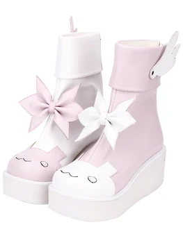 Лолита/нови зимни къси ботуши от дебела подметка с кръгло бомбе, прекрасни ботуши-крилца, кавайные японски сладки обувки за момичета, розови обувки за cosplay, лоли