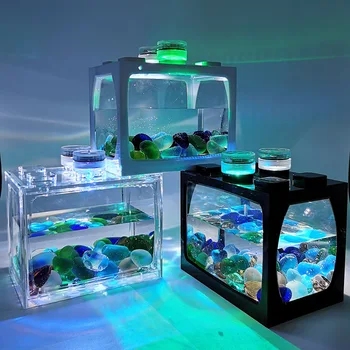 Малък аквариум творчески екологичен аквариум микро пейзаж Мини Аквариум Тропически риби аквариум с led подсветка аквариум за риби
