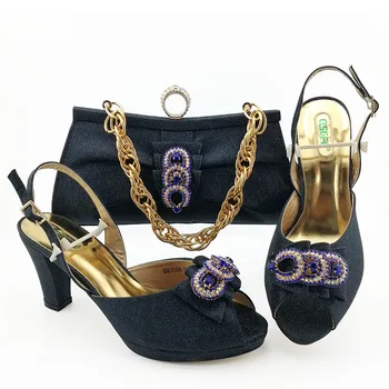 Модерен дизайн, Женски италиански вечерни обувки-лодка в африканския стил, комплект от обувки и чанти, Украсени с кристали, Дамски обувки и чанта в Комплект с тъмно син цвят
