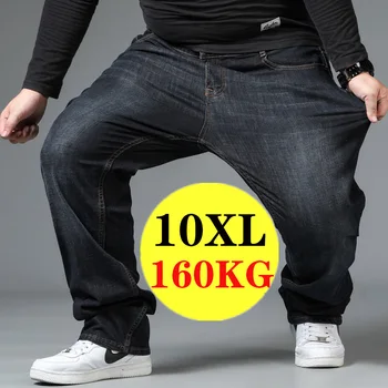 Мъжки Дънки Големи Размери С Еластична гумена лента по-Големи Размери 10XL, Свободни Панталони с Висока Талия, Големи Размери, Дебели Свободни Черни Мъжки Дънкови Панталони
