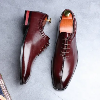Мъжки официалната обувки с квадратни пръсти, Модни Кожени обувки, мъжки Модела обувки в света на стил на Дантела-Голям Размер, Качествена Сватбена мъжки обувки
