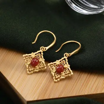 Независим дизайн древното златно умения южен червен турмалин квадратни обеци изискани и елегантни дамски сребърни бижута