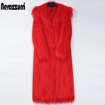 Нерадзурри Зимата Червено Дълго палто от изкуствена кожа жена с качулка с дълъг ръкав Волосатое пушистое лохматое гъст топло меко монголски палто от кожа на агнешко
