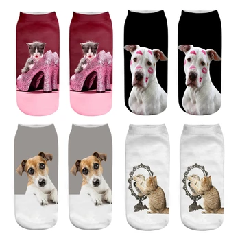 Нов 3D принт забавен сладък cartoony коте унисекс къси чорапи творчески цветни няколко котки, кучета лицето на лъки ниски дамски чорапи глезена