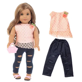 Нови панталони с дупки, костюми, подходящи за кукли American Girl, 18-инчовата стоп-моушън дрехи, обувки в комплекта не е включена.