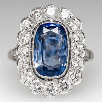 Ново годежен пръстен със син сапфир овална кройка, инкрустированное диаманти, подходящ за сватбеното парти на булката