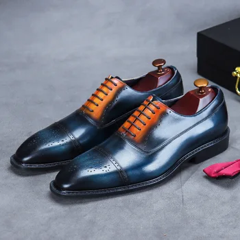 Обувки Brock, Мъжки на Модела Обувки-Oxfords Винтажного Дизайн, Официален Бизнес Обувки изработени Ръчно Дантела от естествена Кожа, с Естествена трева за Мъже