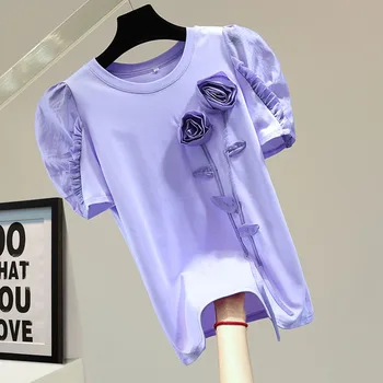 Памучен Дамски Елегантна риза с Розов Цвят С Цветни пискюли, Нова тениска С Кръгло деколте И Къс Буйни Ръкав, Мода, Пролет-Лято 2022
