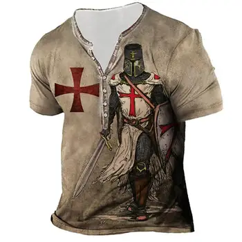 Реколта мъжки Тениски с 3D Принтом, Тениска Knights Templar Henry, Тениска с V-образно деколте в готически Стил, Памучни Улични Върховете в стил Пънк Оверсайз