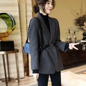 Сиво Сако, Дамски Вълнена куртка, женски костюм 2023, новият есенно-зимния тънък дизайн, дамски дрехи с джобове