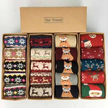 Скъпа елен на Дядо Коледа, Коледни чорапи, Топли Зимни Цветни кавайные Меки Памучни Чорапи За Момичета Коледна кутия за опаковане на Подарък чорап