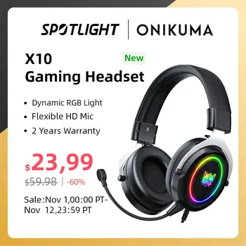 Слот за Слушалки ONIKUMA RGB с Подвижни Гъвкави HD, Микрофон Динамичен RBG Light Удобен Жичен Слушалки за PC Gamer