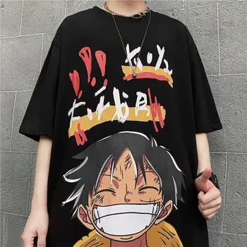 Твърди мъжки корея тенденция тениска с къс ръкав и принтом Luffy, свободна ежедневни облекла Harajuku wind ins голям размер