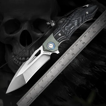 Тема на Черепа Стръмен Сгъваем Джобен Нож от Титан Дамаск с дръжка G10 EDC Ножове Tanto Point за Самозащита и Оцеляване на Открито
