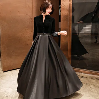Темперамент черна рокля есен пола годишна среща вечерна рокля темперамент дълъг стил обикновено може да се носи банкет рокля