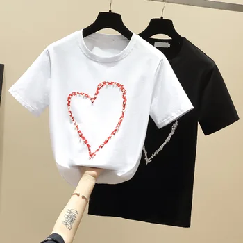Тениска С Къс ръкав Дамски Дрехи, Ежедневни Летни Дамски Блузи тениска Любовта Във Корейски Стил Памучен Тениска Бяла 2021