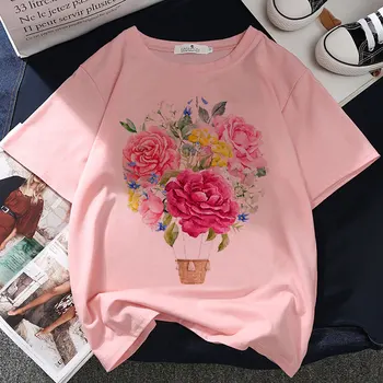Цветя На Божур Графичен Принт Тениска Дамски Harajuku Естетически Розови Блузи И Ежедневни Тениска 2021 Нова Лятна Мода Y2k Женска Тениска