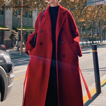 Червена вълнена палта, дамски корейската версия средна дължина на 2021 г., есенно-зимния Ново свободно вълна палто над коляното, Темпераментное