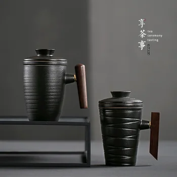 Черна керамична Офис Чаша с цедка и капак, битови керамични чаши, чаена чаша