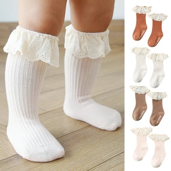 Чорапи до Коляното за малки момичета с Дръжки, Дантелени Гофрирани Трикотажни Обикновена Нескользящие Дълги Памучни Чорапи от 0 до 3 години