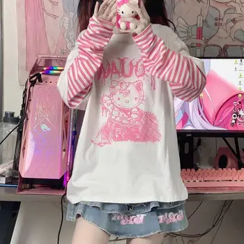 Японската Скъпа Мека фланелка с Дълъг ръкав за момичета, Дамски Розова тениска Y2k, Топ, Графични Тениски, Ежедневни Раирана Тениска Оверсайз