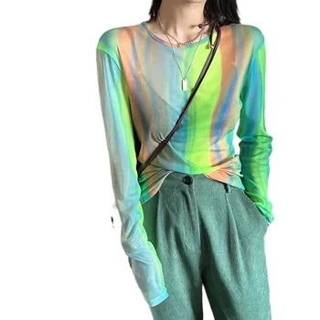 модни дамски мрежести, прозрачни блузи, дамски прозрачни ризи с градиентной мрежа, женски цветни потници